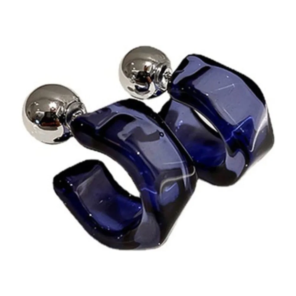 Elegant Blue Hoop Earrings 2 way lucite blue silver ball post style - Picture 3 of 4